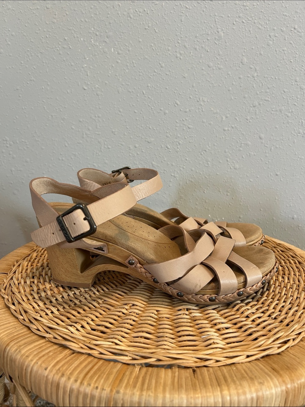 Dansko Alanna Tan Leather Wood Heel Clog Sandals